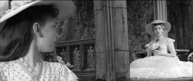 Pamela Franklin (Flora) and Deborah Kerr (Miss Giddens) in the folly by the lake in The Innocents – an example of foreground and background both in focus.