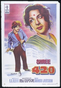 A poster for Raj Kapoor's 1955 film 'Shree 420' featuring his Charlie Chaplin-type character. (This image is from the Victoria & Albert Collection – similar Rak Kapoor posters are in the NMeM exhibition)