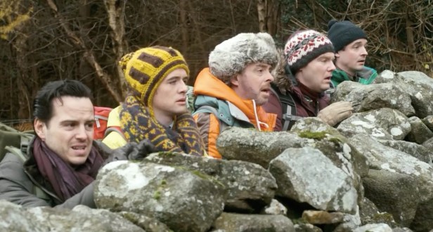 The group in despair watching the carefree antics of The Machine. (From left) Andrew Scott (Davin), Michael Legge (Little Kevin), Andrew Bennett (Big Kevin), Brian Gleeson (Simon) and Hugh O'Conor (Finnan)