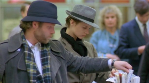 Klaus and Emma (Fabienne Babe) in disguise in a 'stakeout' of a post office in Cambridge.