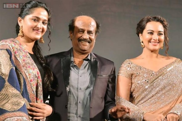 Rajini minus the make-up with his two leading ladies, Anushka Shetty (left) and Sonakshi Sinha at the audio launch for the film.