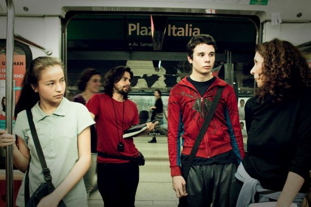 A still from the shoot of Maria y el Arana with director Maria Victoria Menis (right), Diego and Florencia