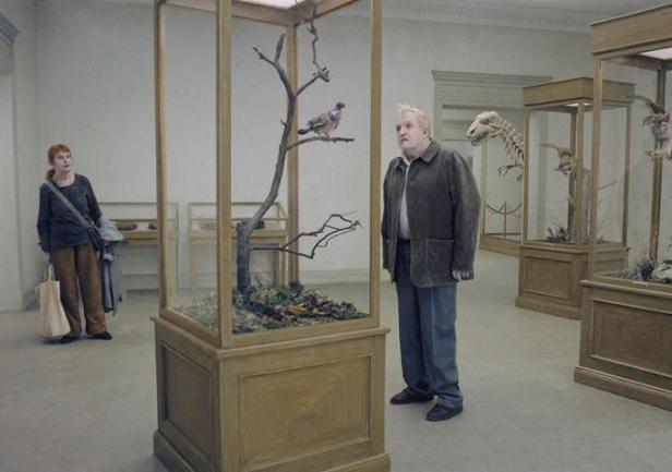 In the opening sequence a visitor is mesmerised by this rather tatty stuffed pigeon in a glass case in the museum. Note his partner looking on in the background.