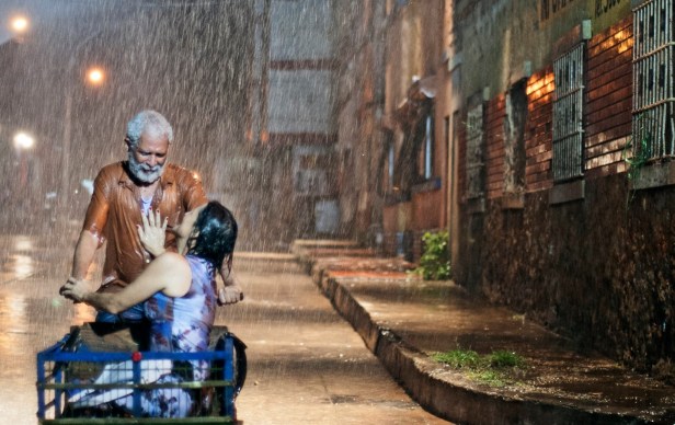 Luis and Carmen caught out in the rain.