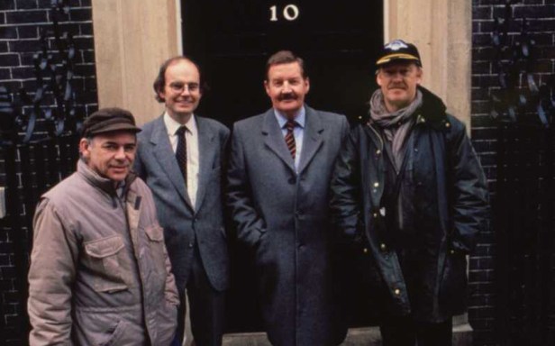 From left: Screenwriter Alan Plater, author Chris Mullins, Ray McAnally as Harry Perkins and Mick Jackson, director