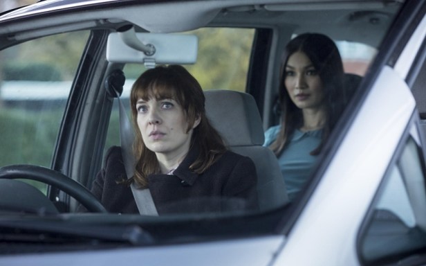 Laura Hawkins (Katherine Parkinson, left) and in the back seat her 'synth' Anita (Gemma Chan)